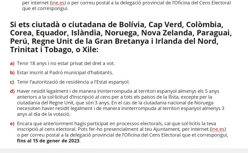 Eleccions municipals 2023: vot de residents estrangers